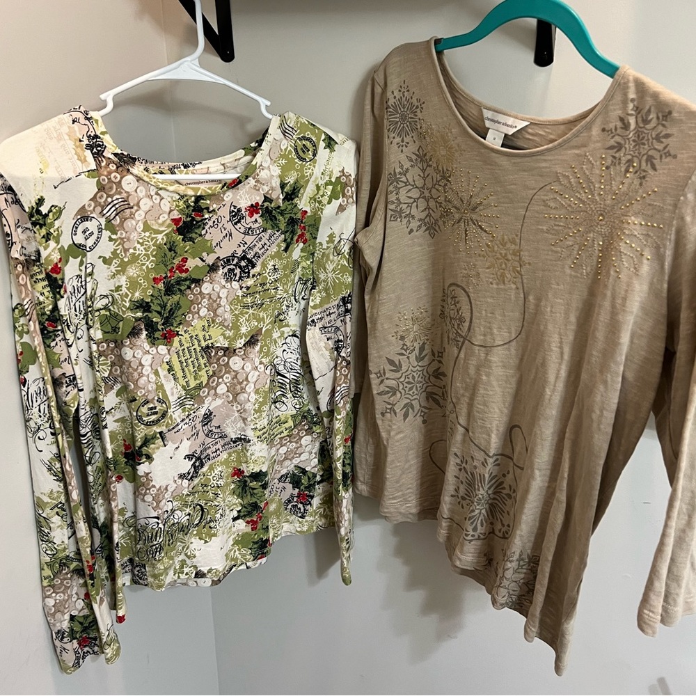 Two Christopher & Banks ladies long sleeve holiday shirts.